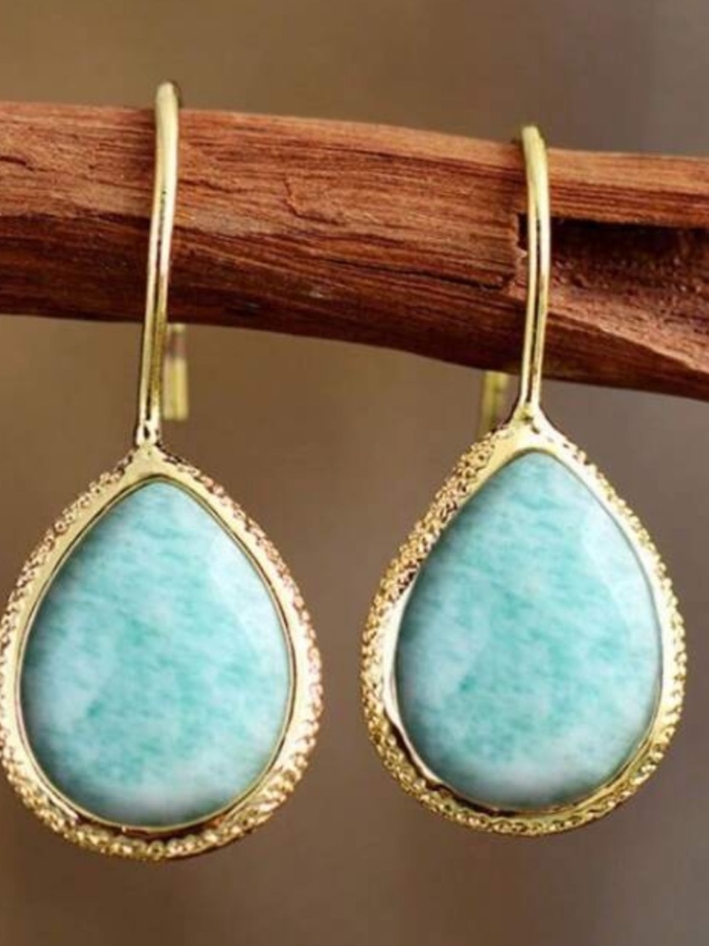 Gold Tone Teardrop Amazonite Earrings - Elegant Blue-Green Drop